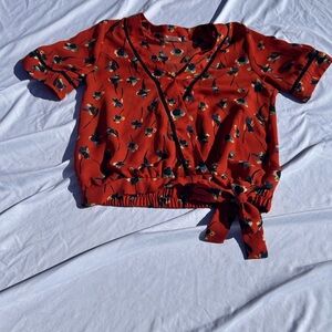 Sienna Sky Red Floral Wrap Crop Blouse size XS cottagecore